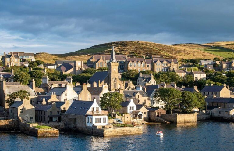 Kirkwall cruise port - panorama of town from cruise ship