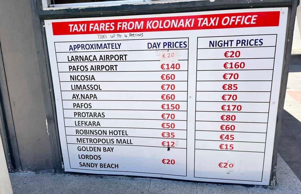 Taxi prices from Larnaca City Center